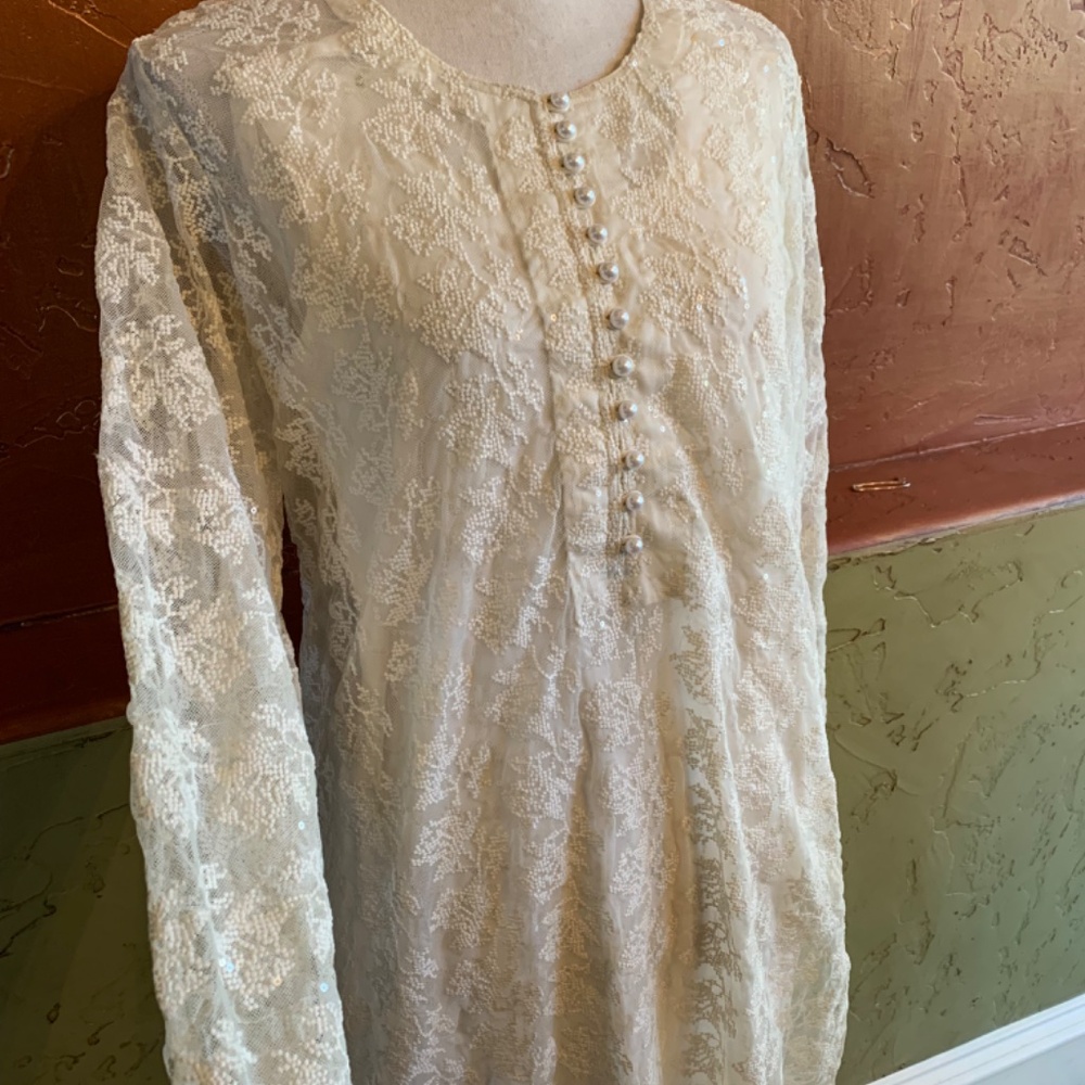 White Net Shirt With Transparent Micro Sequin And… - image 5